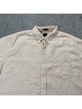 J.Crew Linen Shirt Men 2XL Beige Check Slim Fit Short Sleeve Button-Down Cotton